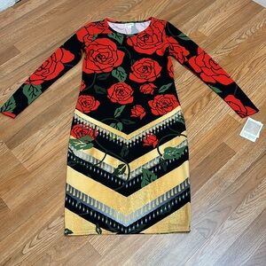 NWDT LuLa Roe, long sleeve black/red floral multicolor midi dress. Size Small.